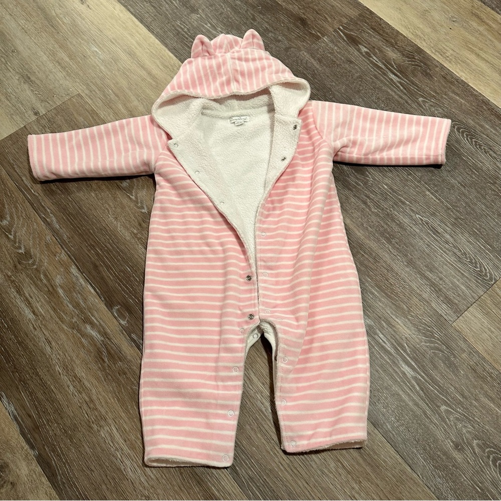 NWOT KISSY KISSY NATURE'S NURSERY VELOUR STRIPE HOODED PLAYSUIT PINK